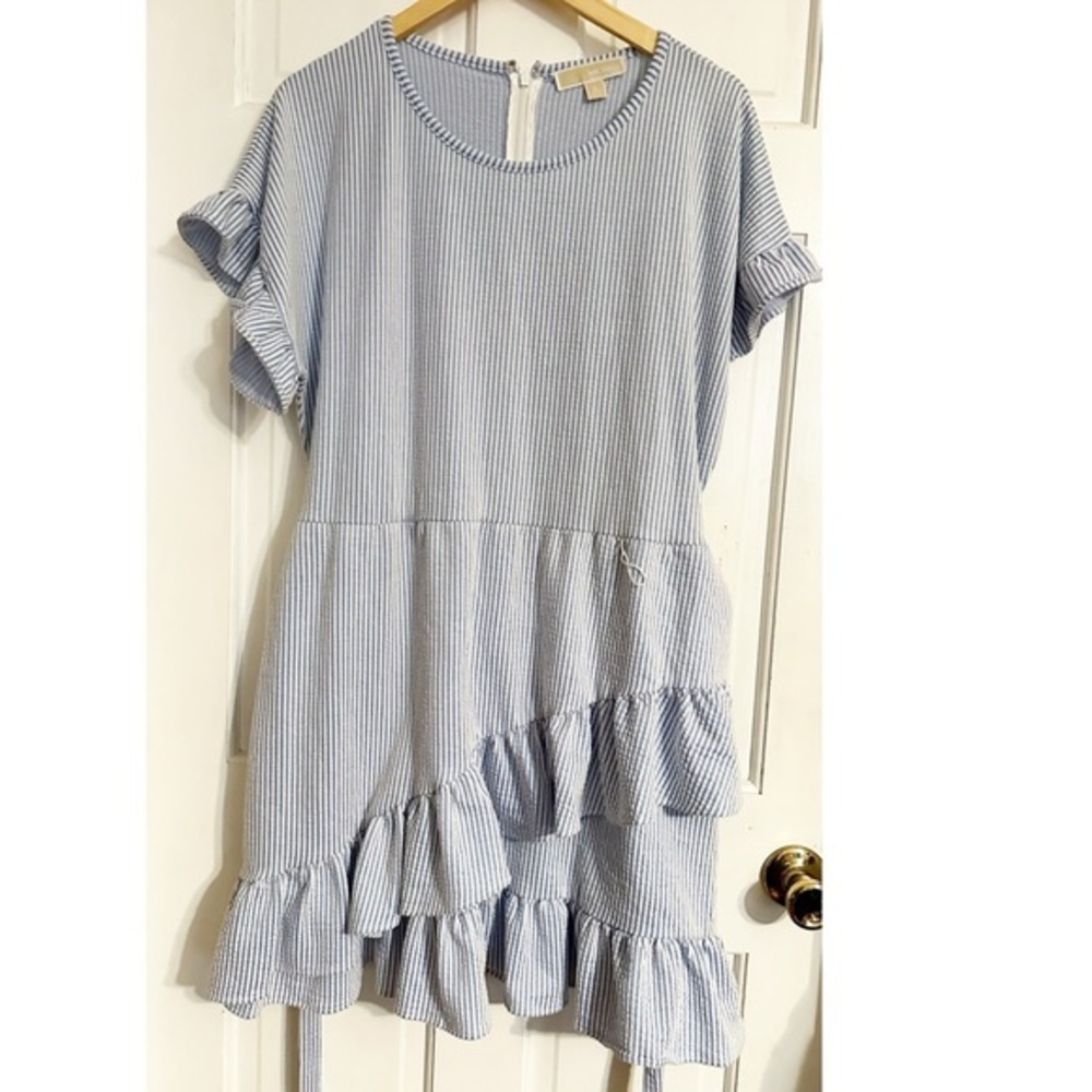 Michael Kors blue striped mini dress with a ruffled skirt Sz XL
